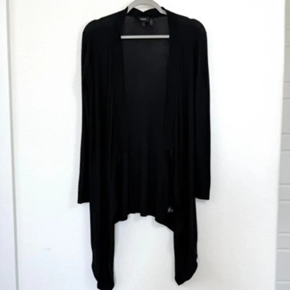 Theory Silk Blend Open Front Drape Cardigan Black Long Sleeve Asymmetrical Hem P